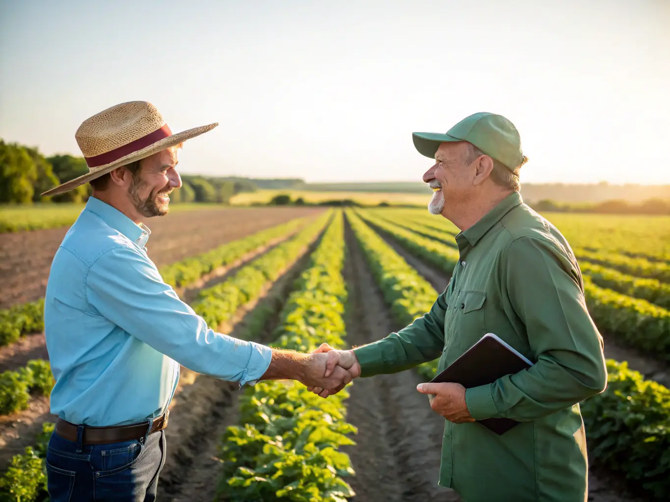 A photograph of a farmer and a Pay In Time financial advisor shaking hands in a sunlit field, symbolizing a strong partnership.