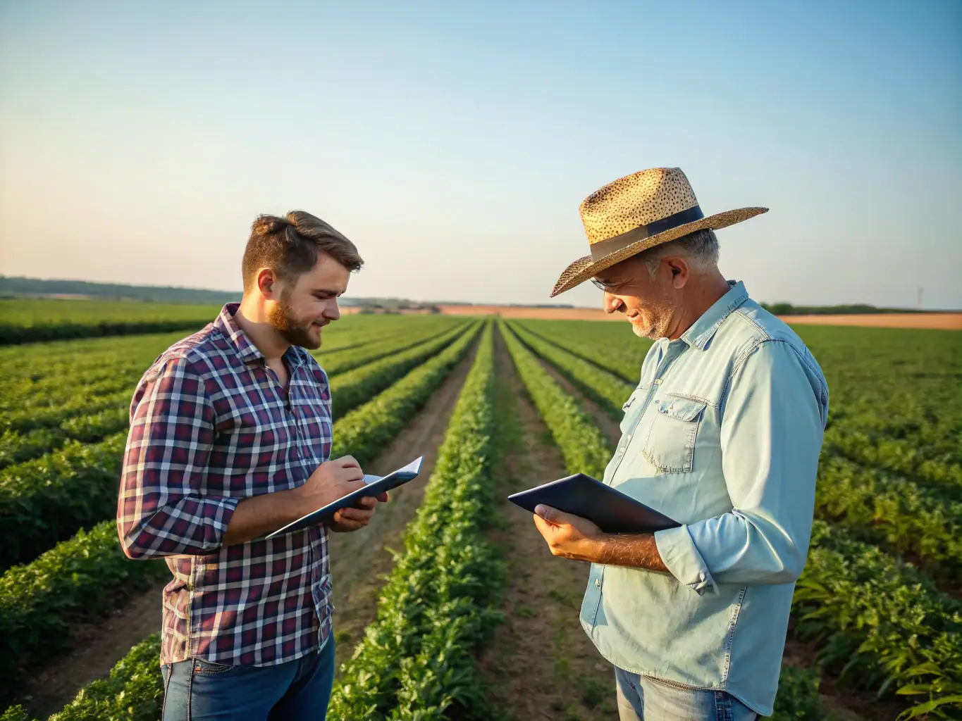 A photograph of a farmer in a field, discussing financial plans with a Pay In Time advisor, emphasizing personalized service.