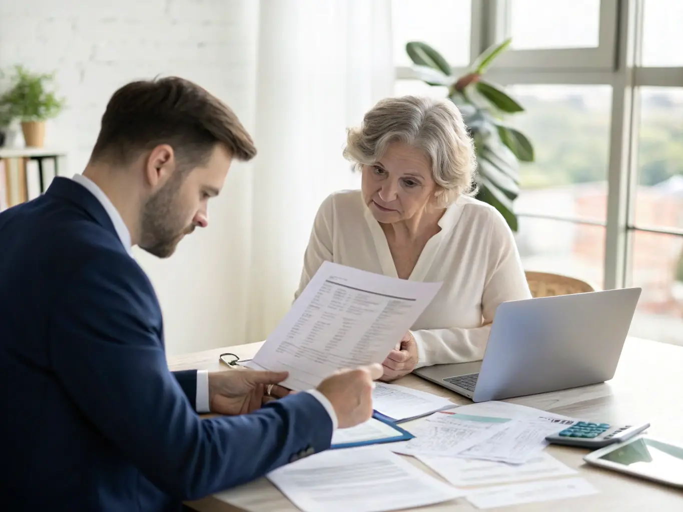 A professional photograph of a financial advisor sitting at a desk, reviewing documents with a farmer in a modern office setting, emphasizing personalized financial service.