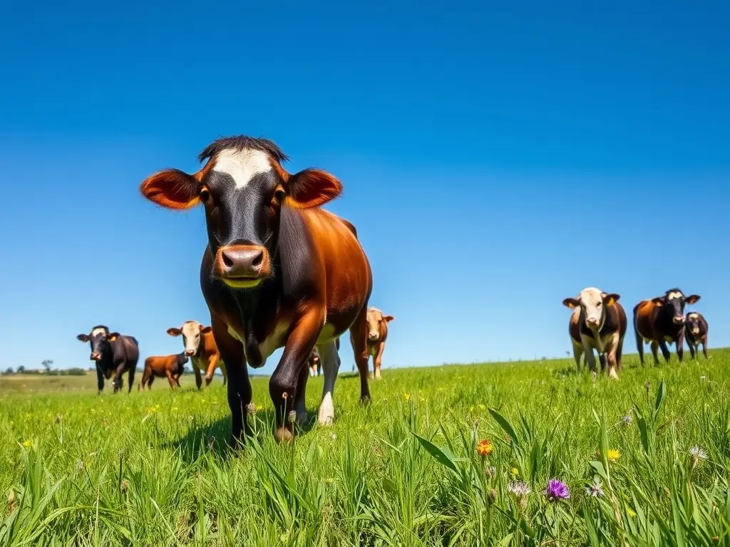 A vibrant image of healthy livestock grazing on a lush, green pasture, representing livestock funding. The scene should convey prosperity and growth.