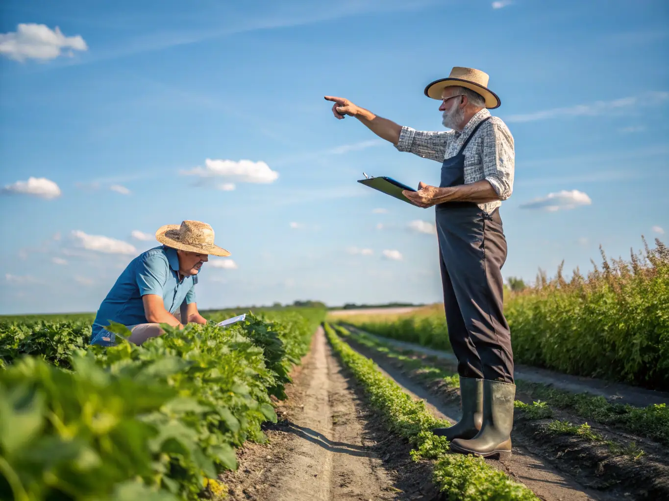 A photograph of a farmer looking stressed while reviewing financial documents in a field, contrasted with a solution-oriented image of the same farmer smiling while discussing finances with a partner.