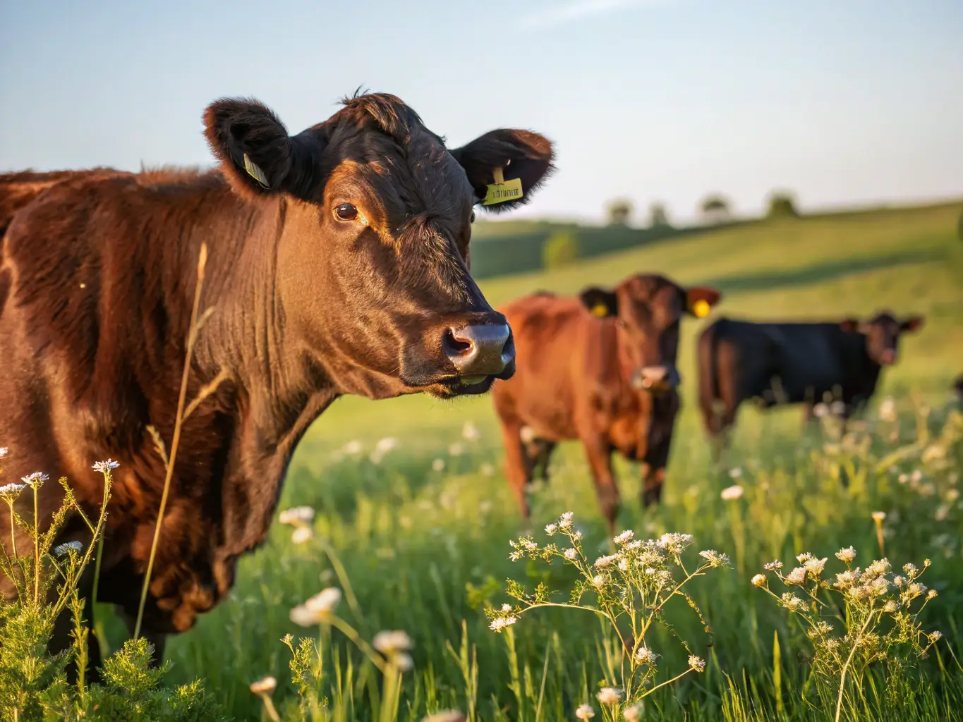 A close-up shot of healthy livestock grazing on a lush pasture, symbolizing the investment opportunities and growth potential in livestock farming with the support of Pay In Time's financing.