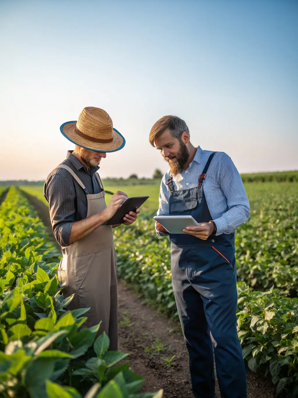 A professional farmer shaking hands with a Pay In Time financial advisor in front of a modern agricultural landscape, symbolizing trust and partnership.