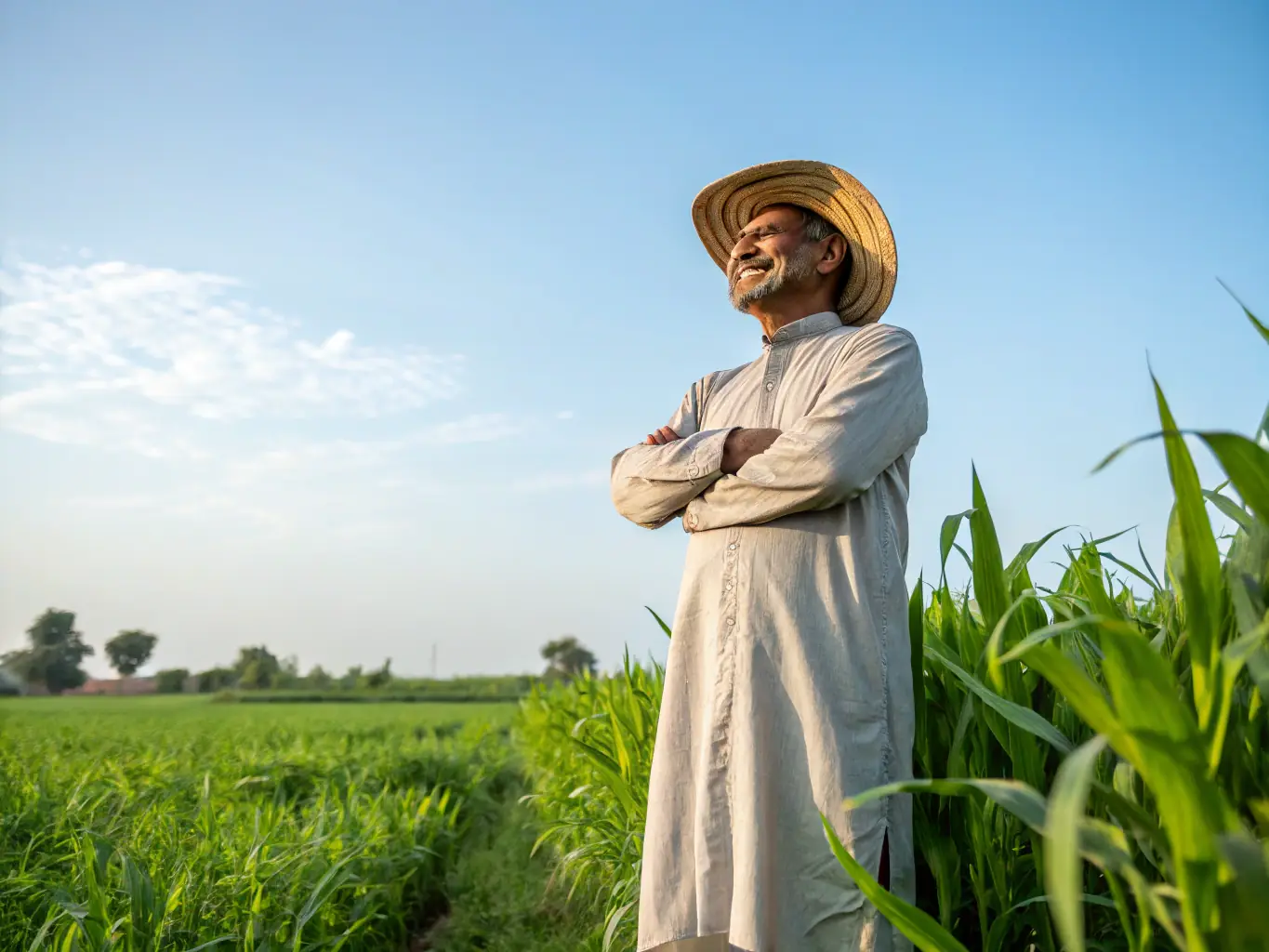 An image of a farmer standing confidently in front of a thriving crop, representing resilience and support through challenging times.