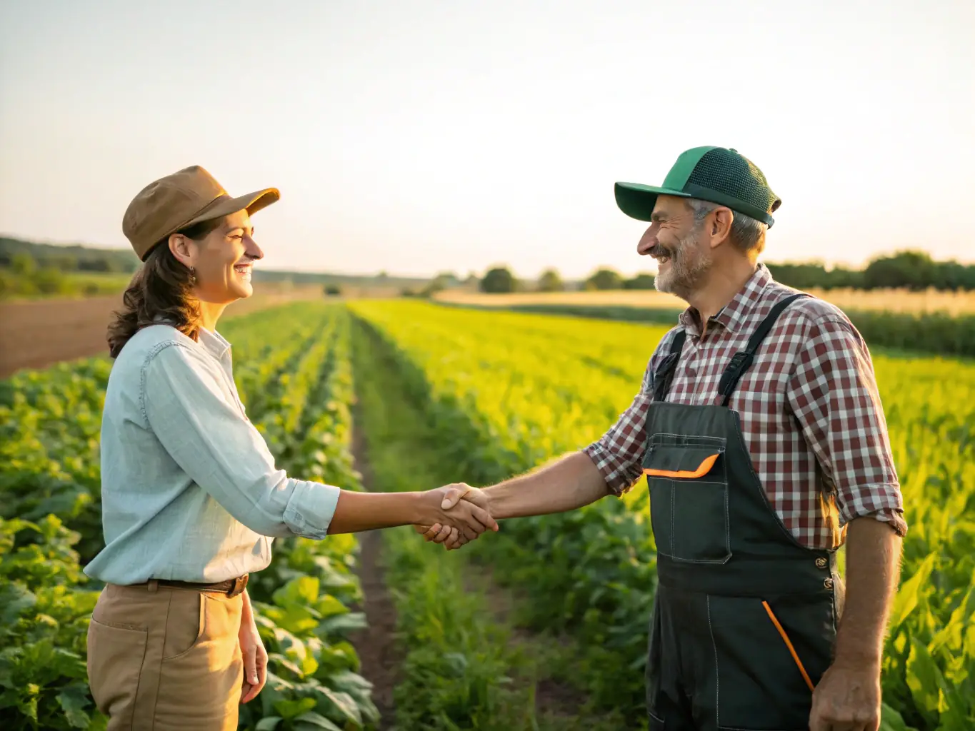 A photograph of a farmer shaking hands with a finance partner in front of a thriving farm, symbolizing a strong and supportive business relationship.