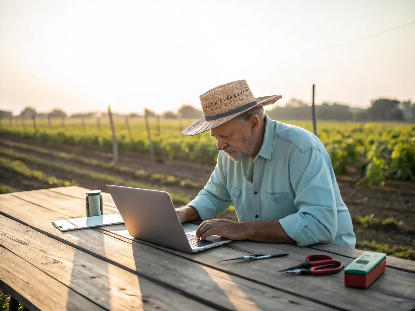 A farmer reviewing financial documents in a modern office setting, highlighting the professional and personalized financial advice provided by Pay In Time.