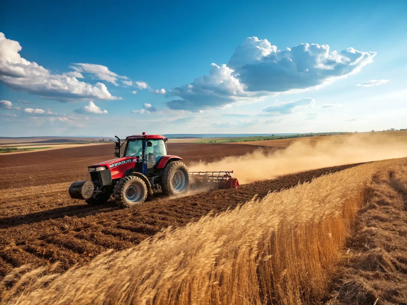 A modern tractor harvesting crops in a vast field, symbolizing equipment finance. The image should highlight efficiency and technological advancement in agriculture.